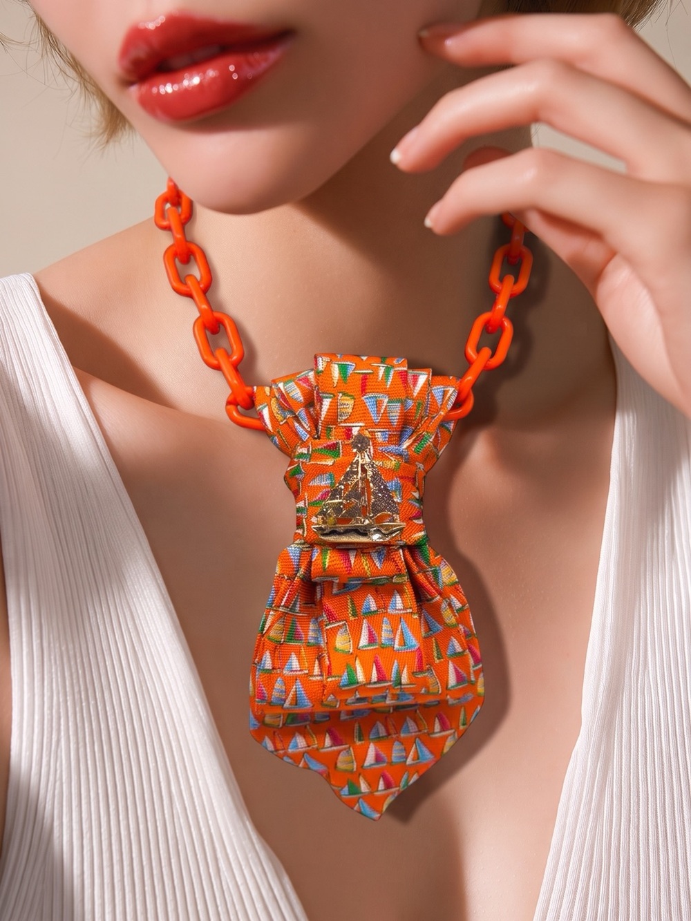CHIC CHICK UPCYCLE | Orange Sailboat Mini Pendant Tie Necklace with Gold Accent